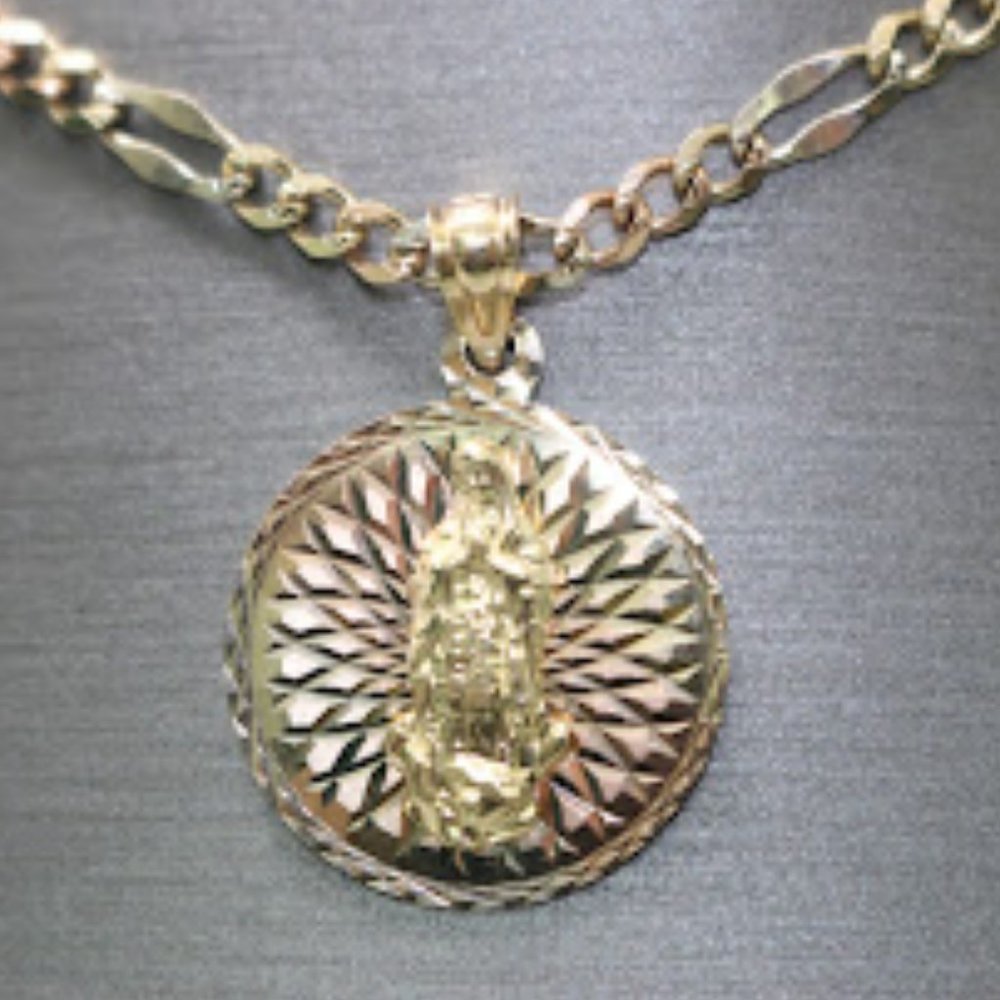 14kt Tri-tone Virgin Mary Engraved Pendant with 14kt Tri-tone Solid Figaro Chain